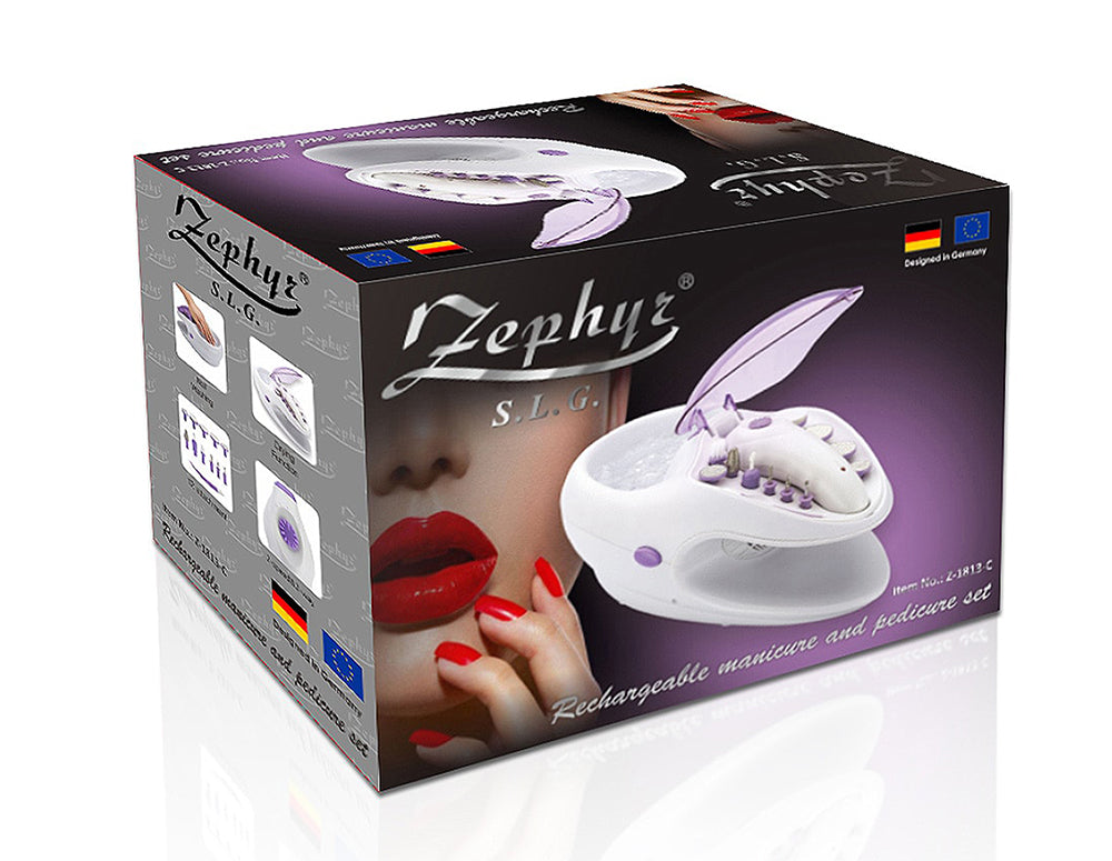 Urządzenie do manicure i pedicure ZEPHYR ZP 1813 C, 500 mA, 12 nasadek, 2 prędkości, suszenie, biały/fioletowy 