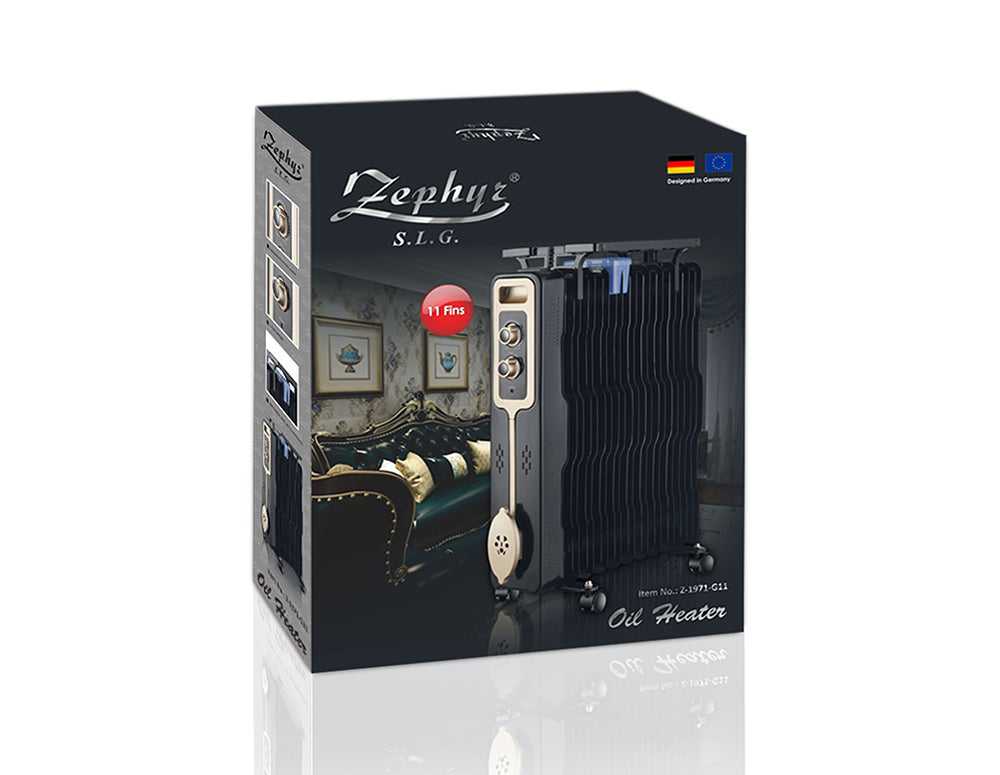 Радиатор ZEPHYR ZP 1971 G11, 2500W, 11 ребра, 3 степени, Поставка за дрехи, Регулируем термостат, Черен