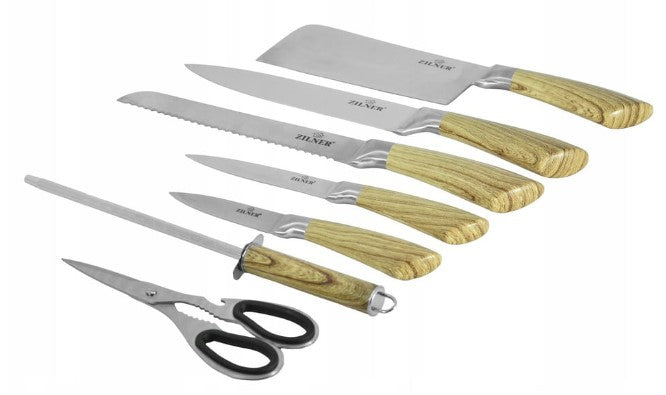 Комплект ножове с поставка ZILNER ZL 5122, 8 части, Точило, Ножици, Неръждаема стомана, Дървена дръжка