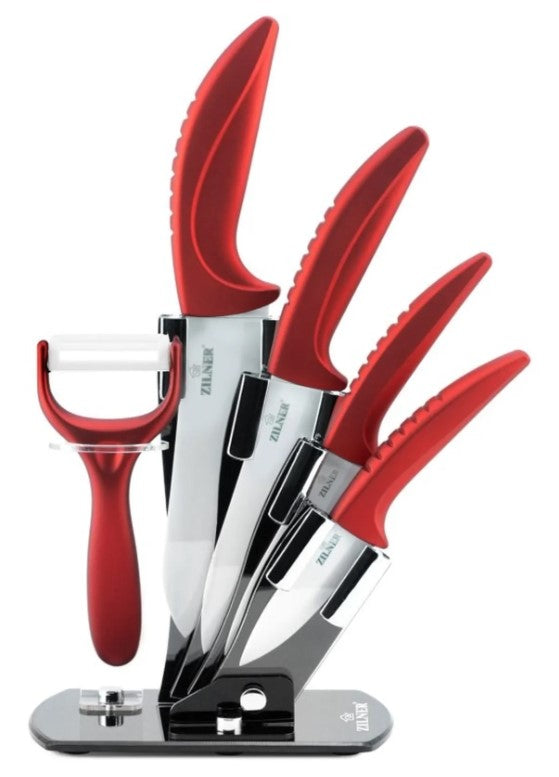 Комплект ножове с поставка ZILNER ZL 5123, 6 части, Белачка, Керамично покритие, Червен