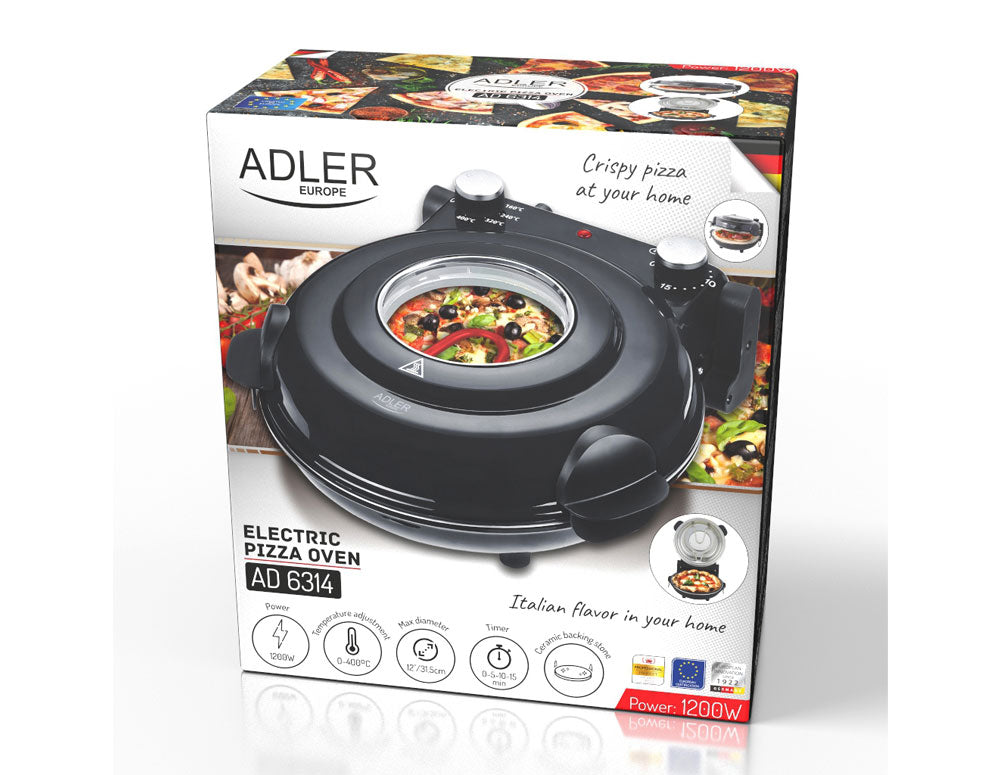 Електрическа фурна за пица Adler AD 6314, 1200W, 31.5 см, До 400C, 5 настройки на температурата, Таймер, Черен