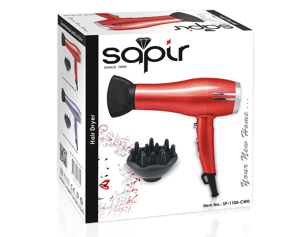 Suszarka do włosów z dyfuzorem SAPIR SP 1100 CWD, 2300W, 3 poziomy temperatury, Koncentrator, Czerwona 