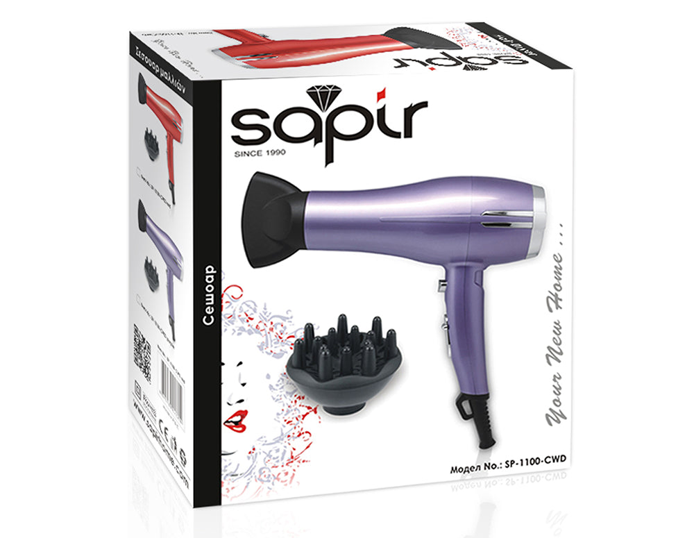 Suszarka do włosów z dyfuzorem SAPIR SP 1100 CWD, 2300W, 3 poziomy temperatury, Koncentrator, Fioletowa 