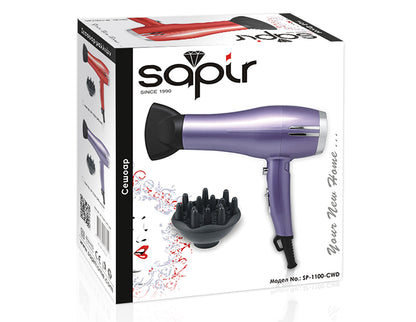 Suszarka do włosów z dyfuzorem SAPIR SP 1100 CWD, 2300W, 3 poziomy temperatury, Koncentrator, Fioletowa 