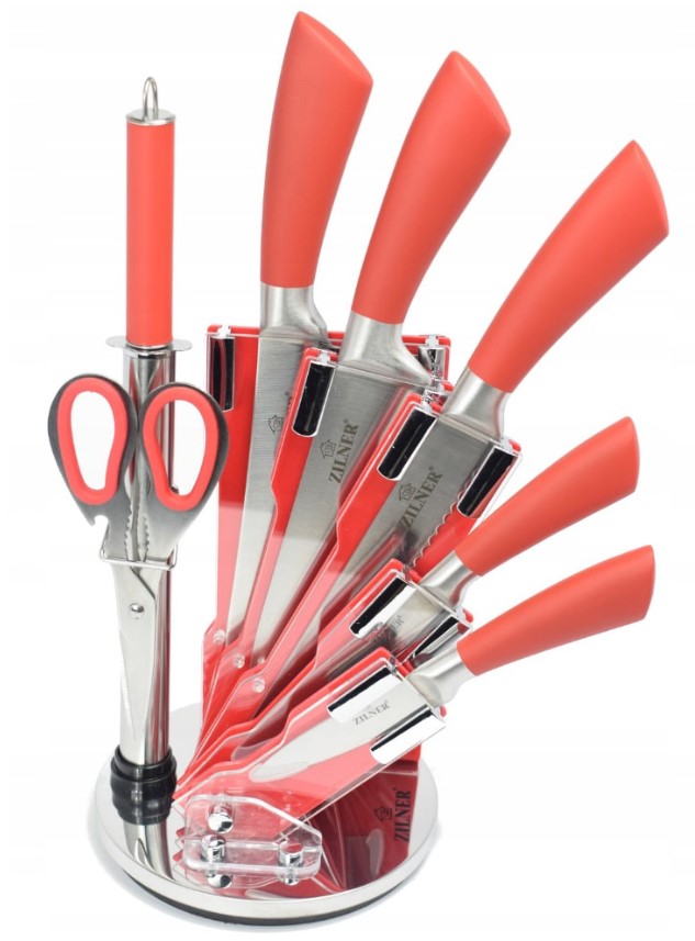 Комплект ножове с поставка ZILNER ZL 5126, 8 части, Точило, Ножици, Неръждаема стомана, Червен